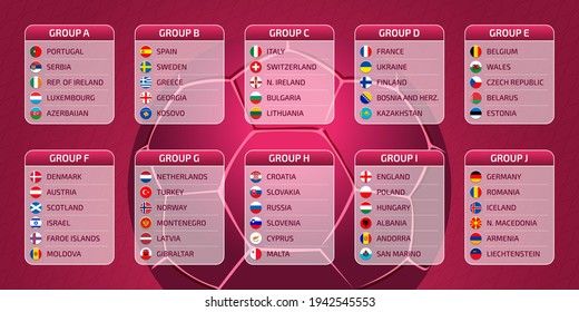 Groupes table, draw results, flags of european countries participating to the international world tournament in Qatar, 2022 Europe qualify, vector illustration