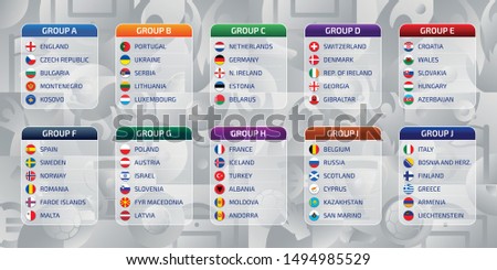 Groupes table, draw results, flags of countries participating to the international tournament in Europe, 2020 qualify, vector illustration
