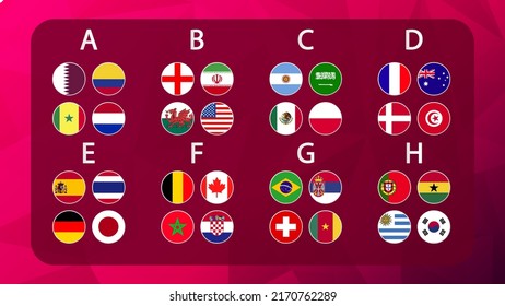 Tabla Agrupar, resultados de dibujo, Plantilla de programación de coincidencias. Tabla de resultados de fútbol, banderas de países del mundo. Indicadores vectoriales de países participantes en el torneo mundial internacional.