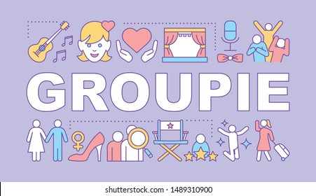 Groupie word concepts banner. Seeking personal gain following celebrity. Obsessive adoration. Presentation, website. Isolated lettering typography idea with linear icons. Vector outline illustration