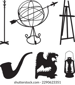 A grouping of dark silhouette maps a painting tripod a stogie and a lightemitting device