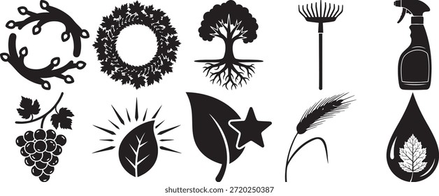 Grouping of stylized nature graphics like winding vine branches wreath mighty tree roots garden tool leaf shining sprout wheat stalk and liquid dispenser
