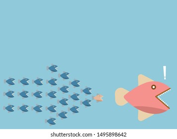 groupping small fish chase big fish with arrow shape, vector, illustration