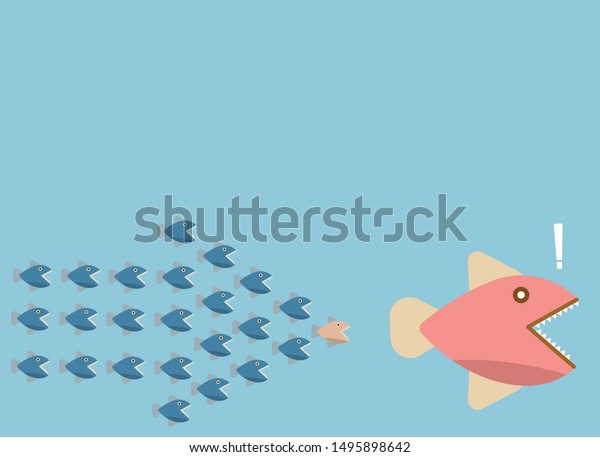 groupping small fish chase big fish with\
arrow shape, vector,\
illustration