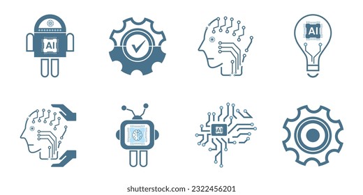 Groups of 8 Artificial intelligence line icons, Eight technology symbols concepts, and 9 cybernetic icons, ai, technology vector, illustration