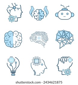 Groups of AI symbols, Artificial AI icons collection, isolated lined machine AI icon, Set of brain, cybernetic, ai, head, technology  concepts