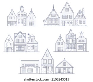 Groups of Amsterdam houses. Facades of European old buildings. Holland homes. Vector set outline illustration.