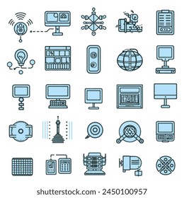 Groups of artificial intelligence-AI Vector Line Icons. That Contains such Icons as technology, computer, notebook, cloud, world, sun power objects for editable vector
