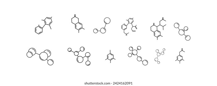 Groups of atoms bonded together, chemical compounds, physics, and organic chemistry elements. Modern images for websites. Collection of different molecular model icons isolated on a white background. 