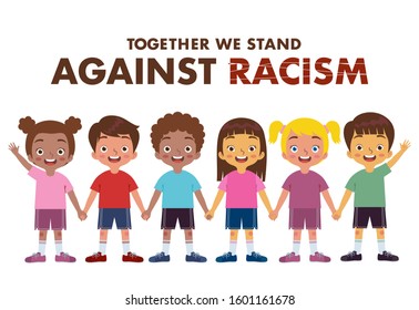 groups of boys and girls of various ethnic groups join hands against racism