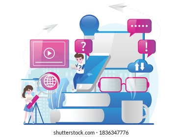 in groups to brainstorm about a shared relaxing lesson. tiny people illustration. Vector illustration