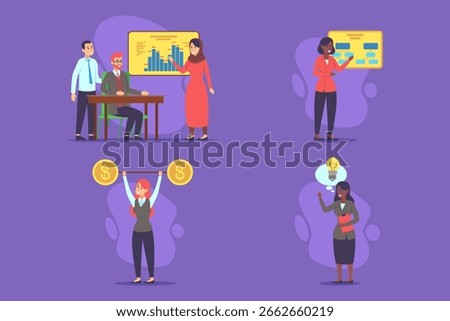Groups of business professionals engaged in discussions and presentations, showcasing teamwork and financial growth. Individuals displaying confidence and focus during collaborative activities