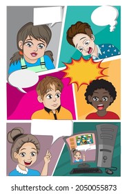 Groups of children discuss, chat,  question and answer with a teachers on screen. home schooling or New lifestyle and online learning concept. multi-vector illustration.