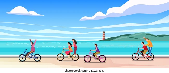 Groups of children ride bicycles on the beach having fun in summer time vacation. Flat vector illustration design
