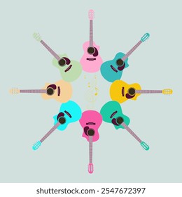 Groups of circle Sweet pink guitar vector on isplated background in blue. beauty color guitar wooden icon on light blue background.