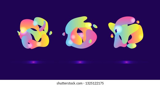 Groups of colorful liquid dynamical gradient shapes isolated on blue background.