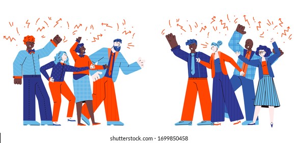 Groups of conflicting people quarrelling sketch vector illustration isolated.