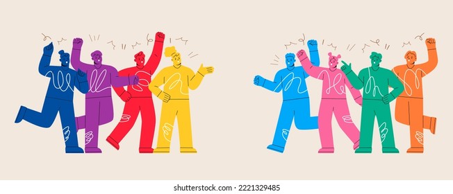 Groups of conflicting people quarrelling sketch. Colorful vector illustration
