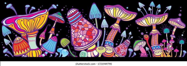 Groups of decorative mushrooms on black