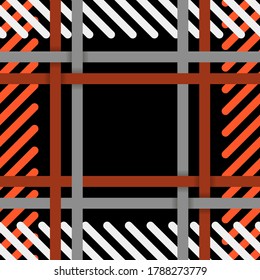 groups of diagonal stripes with rounded edges and intertwining stripes of gray and orange tones are arranged in a specific order against a black background. strict seamless pattern. vector