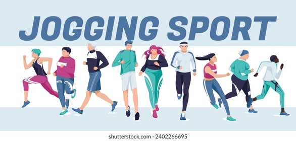 Groups of different people are running. Jogging, healthy lifestyle. Banner design. Vector flat illustration