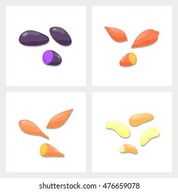 Groups of different potato varieties and yam in cartoon style.