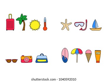 Groups of doodle colorful summer and vacation items isolated on white background.