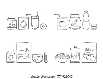 Groups of doodle outline baby foods including drinks, porridges, puree and cookies isolated on white background.
