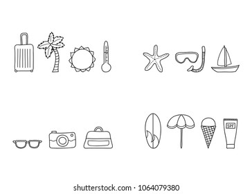 Groups of doodle outline summer and vacation items isolated on white background.