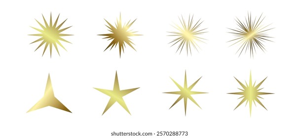 Groups of eight luxury  star , a unique golden starburst shapes, varying in size, style, and intensity. 8 stars designs range from minimal three-point stars to intricate.