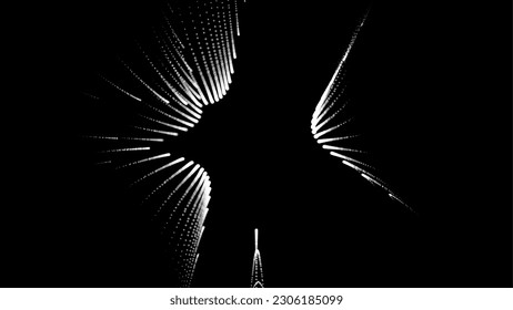 Groups of explosions and bursts of energy. Scattering galaxies, universes and stars. Gravitation curves trajectories. Sea of information. Net point forms space power fabric. Light receding surface.