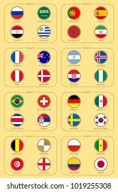 Groups football world championship in Russia. Soccer world tournament 2018. Football cup. Vector illustration country flags. Map pointer. Info graphic