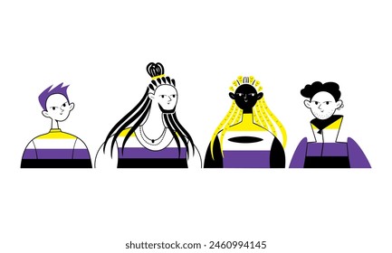 Groups of four non-binary people. Vector hand drawn illustration in minimalist style.