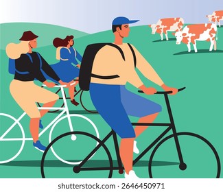Groups of friends doing activities like doing biking tours, flat vector stock illustration as a concept of eco-friendly travel or Responsible Travel
