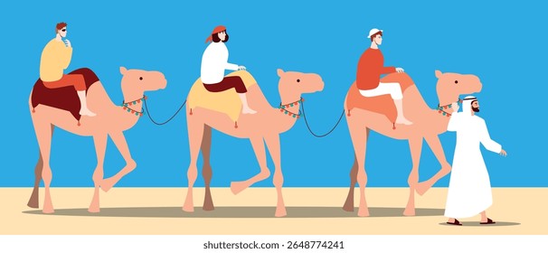 Groups of friends doing activities like camel riding with an arabic or african guide, flat vector stock illustration, Travelers immersing themselves in local traditions