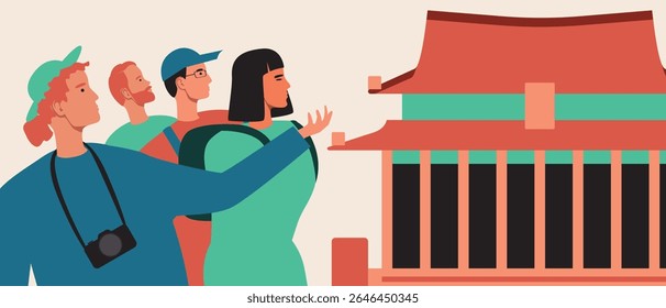 Grupos de amigos explorando uma cidade asiática durante a viagem, ilustração de stock de vetor plano com gênero, idade, gênero diferentes