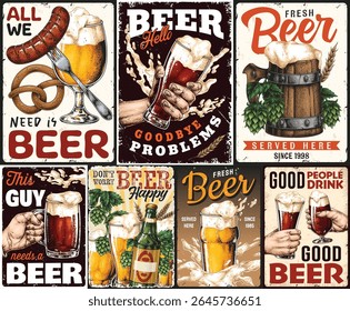Groups of friends gather around various beer designs celebrating and toasting with glasses filled with golden amber liquid enjoying each other's company in a vibrant setting.