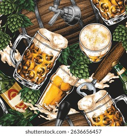 Groups of friends gather at a brewery bar savoring various types of beer served in chilled mugs and glasses while enjoying lively conversations and good cheer.