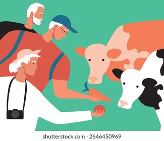 Groups of friends Older adults choose Responsible Travel, flat vector stock illustration as content reflecting sustainable practices becomes increasingly valuable