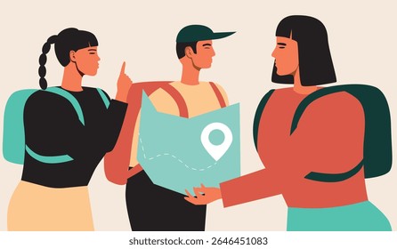 Groups of friends planning travel route, flat vector stock illustration with asian travel