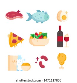 Groups and goods. Set of healthy products vegetable salad, fish, meat, chicken, pizza, wine, egg, breakfast cereals isolated on a white background