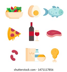 Groups and goods. Set of healthy products vegetable salad, fish, meat, chicken, pizza, wine, egg, breakfast cereals isolated on a white background