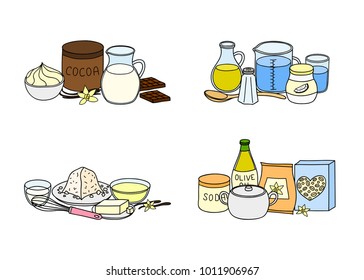 Groups of hand drawn colored cooking, baking ingredients isolated on white background.