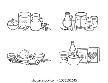 Groups of hand drawn outline cooking, baking ingredients isolated on white background.