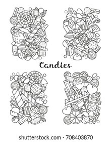 Groups of hand drawn uncolored candies including chocolate, jelly, lolly, fruit isolated on white background.
