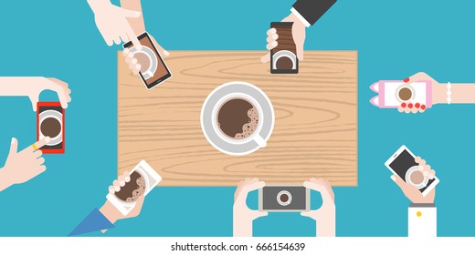 Groups of hands holding smart phone take photo of coffee cup on wooden table, flat design vector of human behavior like to photograph food before eating