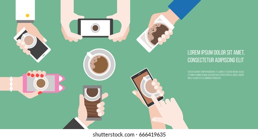 Groups Of Hands Holding Smart Phone Take Photo Of Coffee Cup In Aerial View, Flat Design Vector Of Human Behavior Like To Photograph Food Before Eating