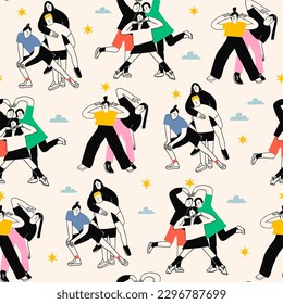 Groups of happy People. Friends or coworkers are standing, posing together, looking at camera. Cartoon characters. Community, friendship, teamwork concept. Hand drawn Vector seamless Pattern