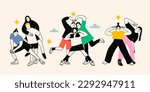 Groups of happy People set. Friends or coworkers are standing, posing together, looking at camera. Cartoon characters. Community, friendship, teamwork concept. Hand drawn colorful Vector illustration