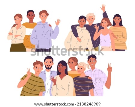 Groups of happy young people hugging, waving their arms in greeting